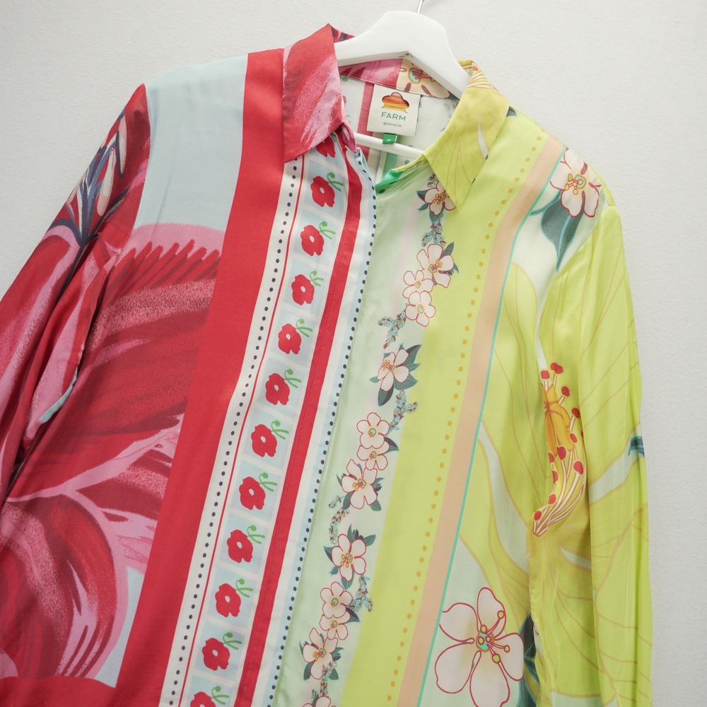 Farm Rio Shelby Buttondown Mixed Floral Print Long Sleeve Blouse Green Red M - Picture 1 of 8